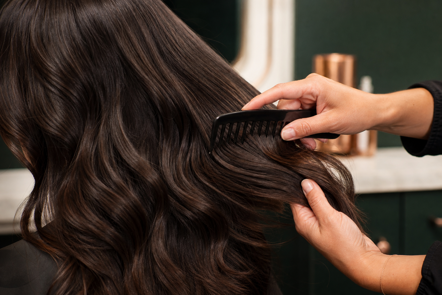 Professional stylist finishing polished hair waves